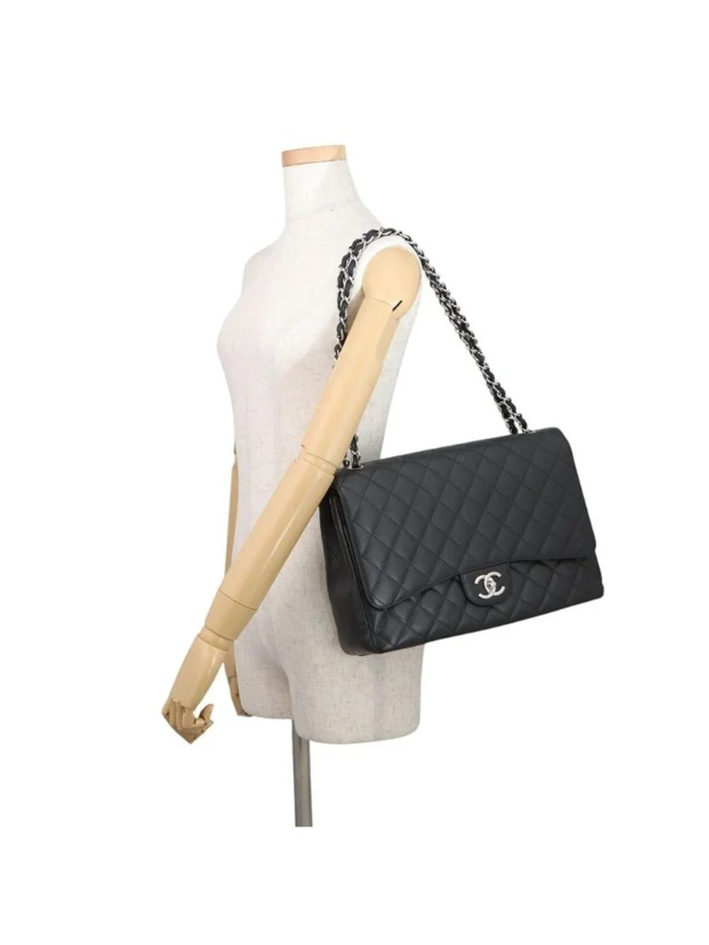 Chanel Chain Shoulder Bag Quilted 34 CC Logo Maxi Double Flap Caviar Leather